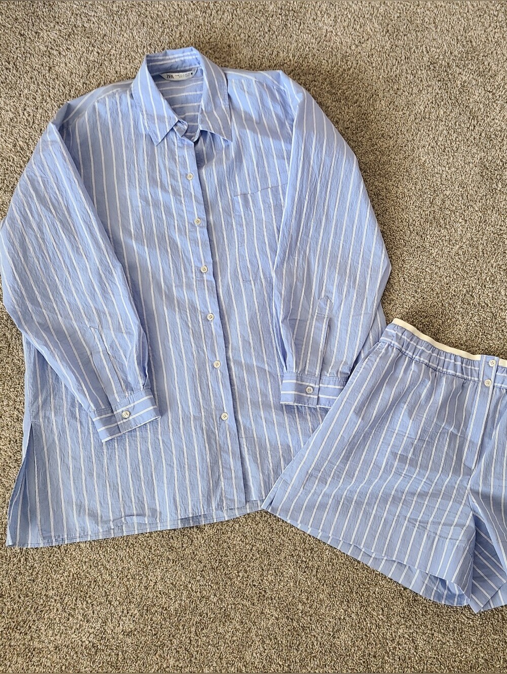 Zara Blue And White Striped Long Sleeve Oversized Cotton Blend Poplin Short Set